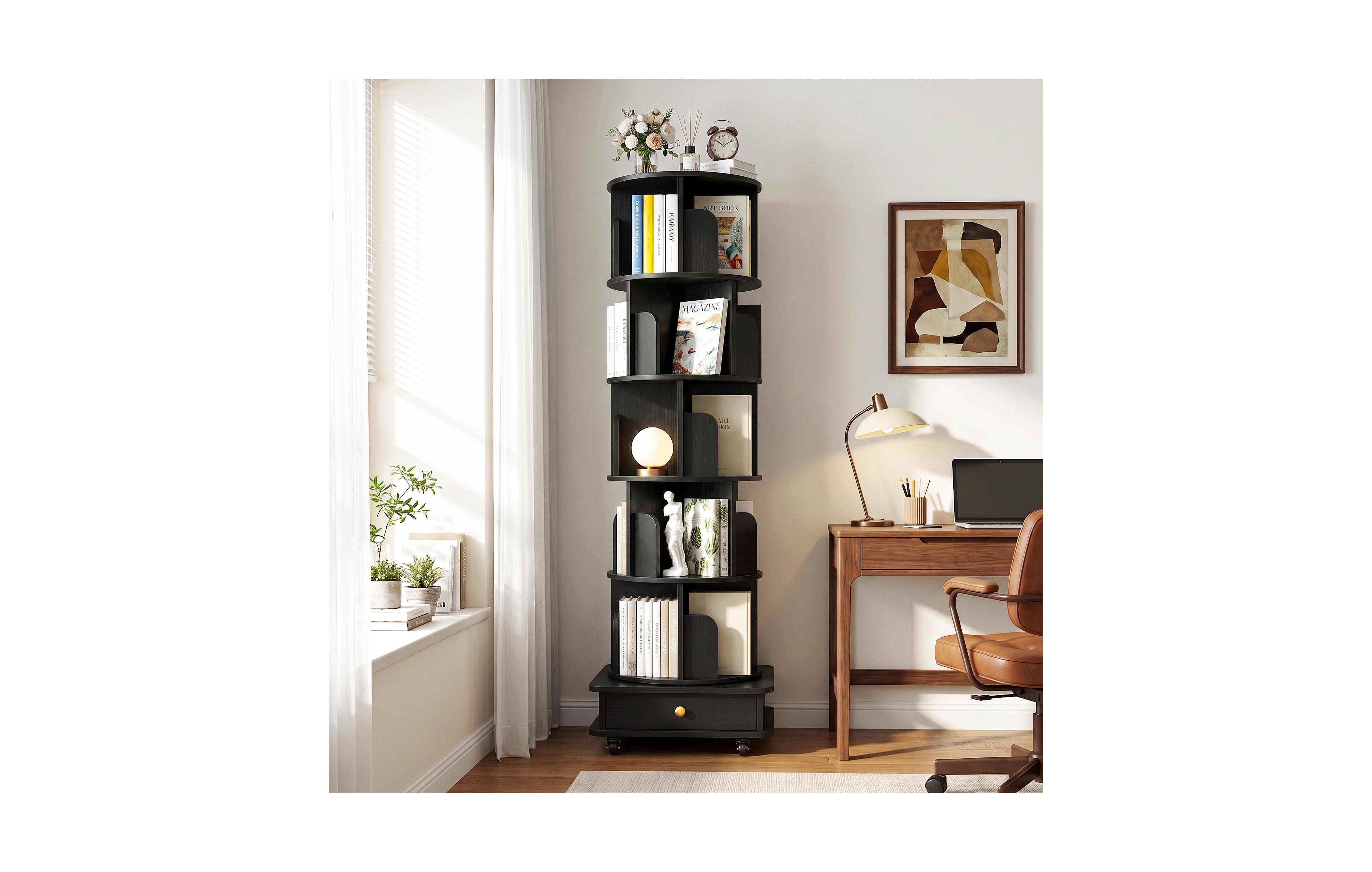 Aheaplus 6-Tier Corner Rotating Bookshelf, Revolving Bookcase with Drawer and Wheels