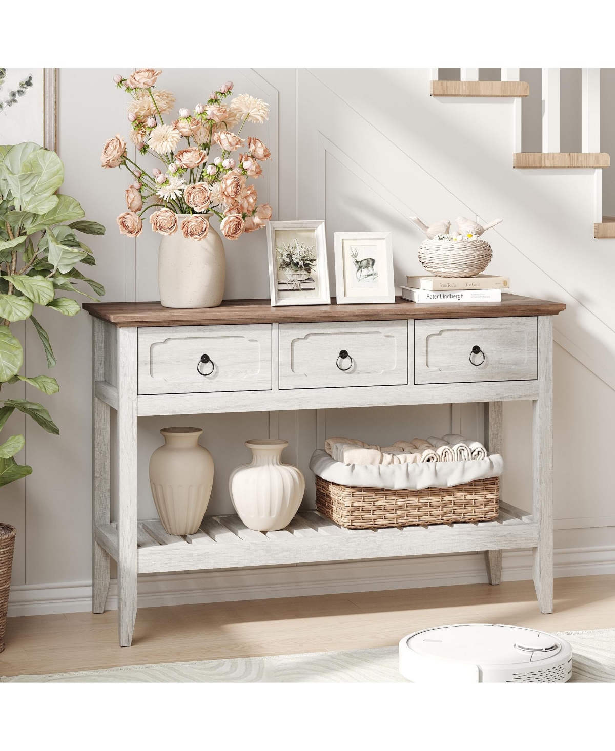 Vabches Farmhouse Entryway Table with Large Storage Space Console Table for Entryway