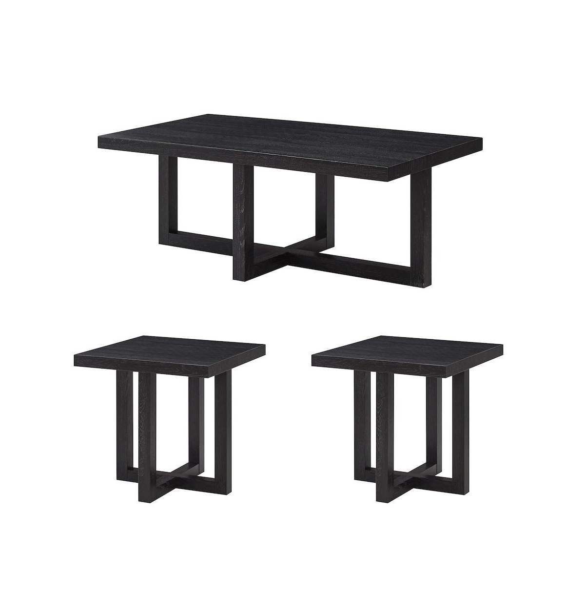 Roundhill Furniture Luno 3-Piece Coffee Table Set, Coffee Table and Two End Tables - Black