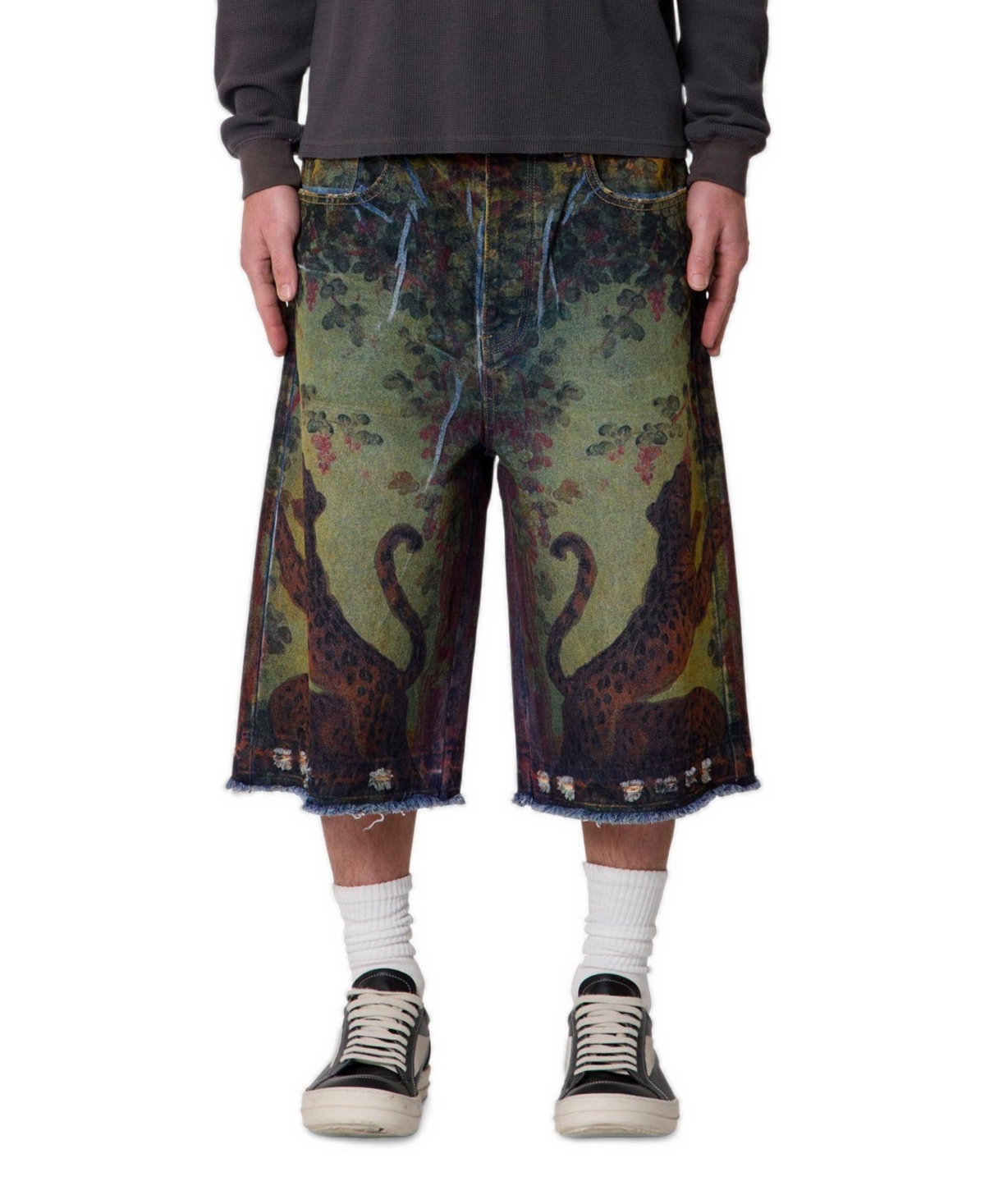 mnml Men's Ultra-Baggy Leopard-Print Denim Shorts, 14" Inseam - Green