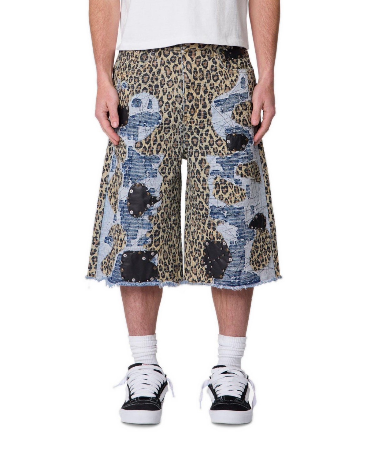 mnml Men's Ultra Baggy Cheetah Boro Raw-Hem Denim Shorts, 14" Inseam - Beige/Khaki