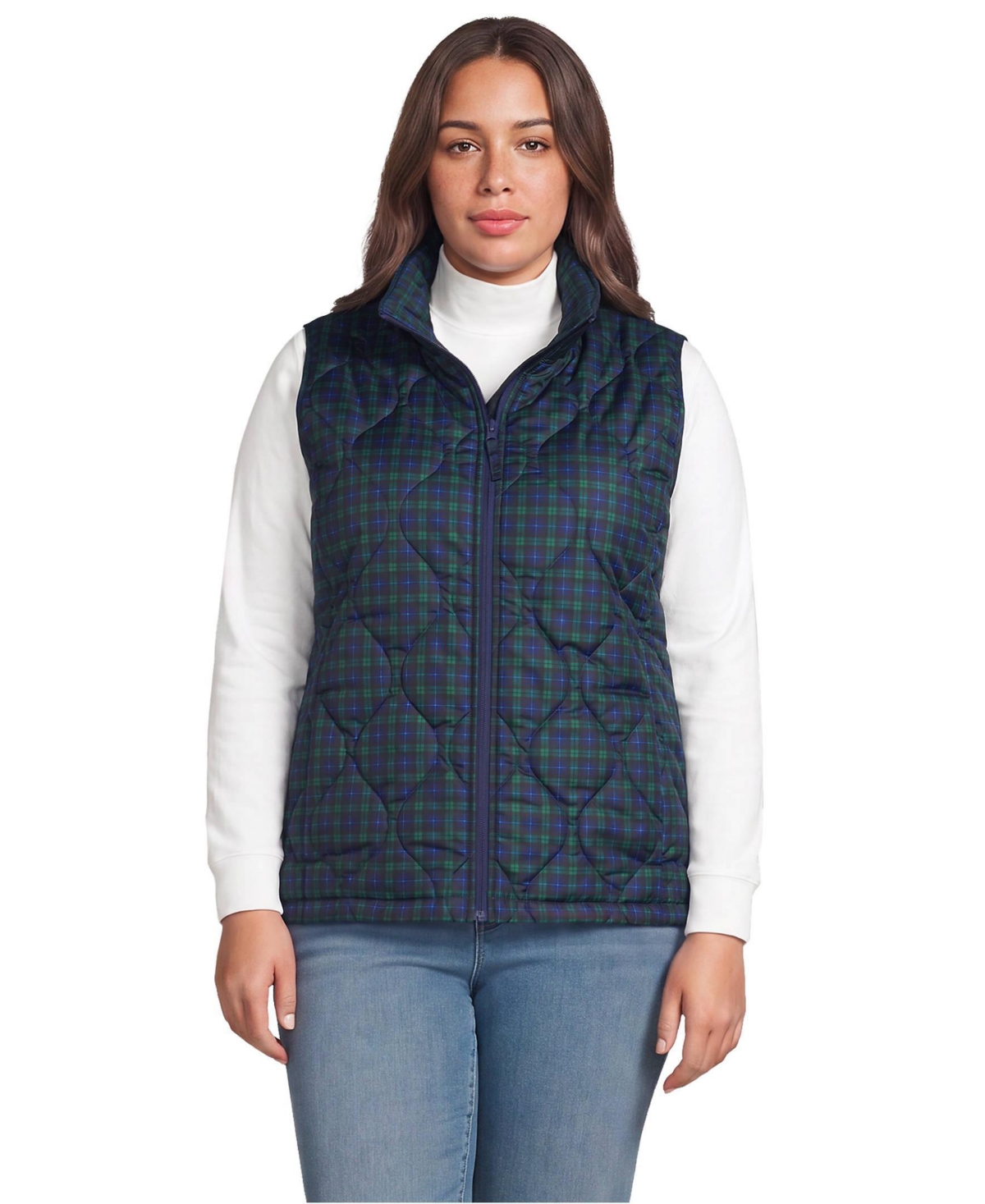 Lands' End Plus Size Print FeatherFree Quilted Insulated Vest - Pine mini blackwatch plaid