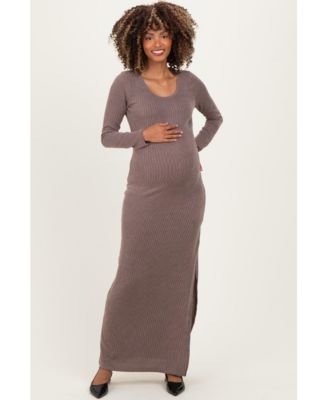 Women's Brown Ribbed Long Sleeve Side Slit Maxi Dress