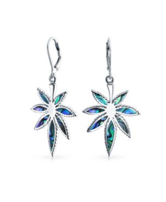 Iridescent Abalone Shell Japanese Leaf Dangle Earrings Sterling Silver
