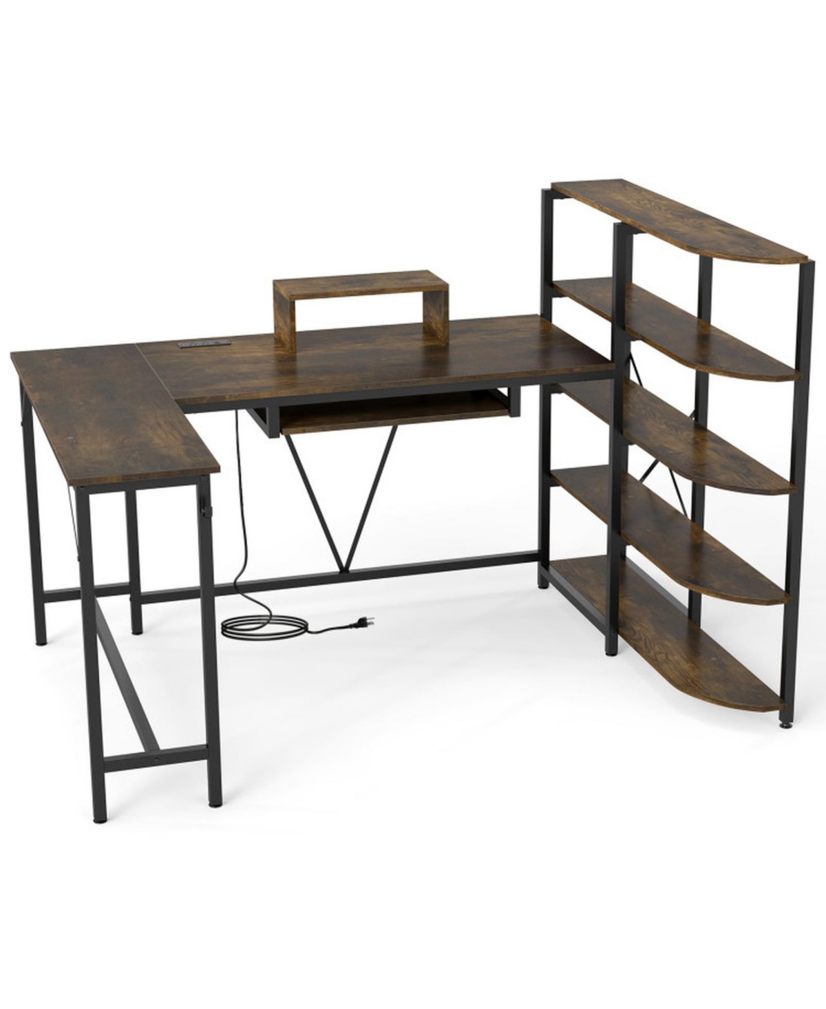 Gouun 63 Inch U-Shaped Computer Desk with Power Outlets and 5-Tier Bookshelf