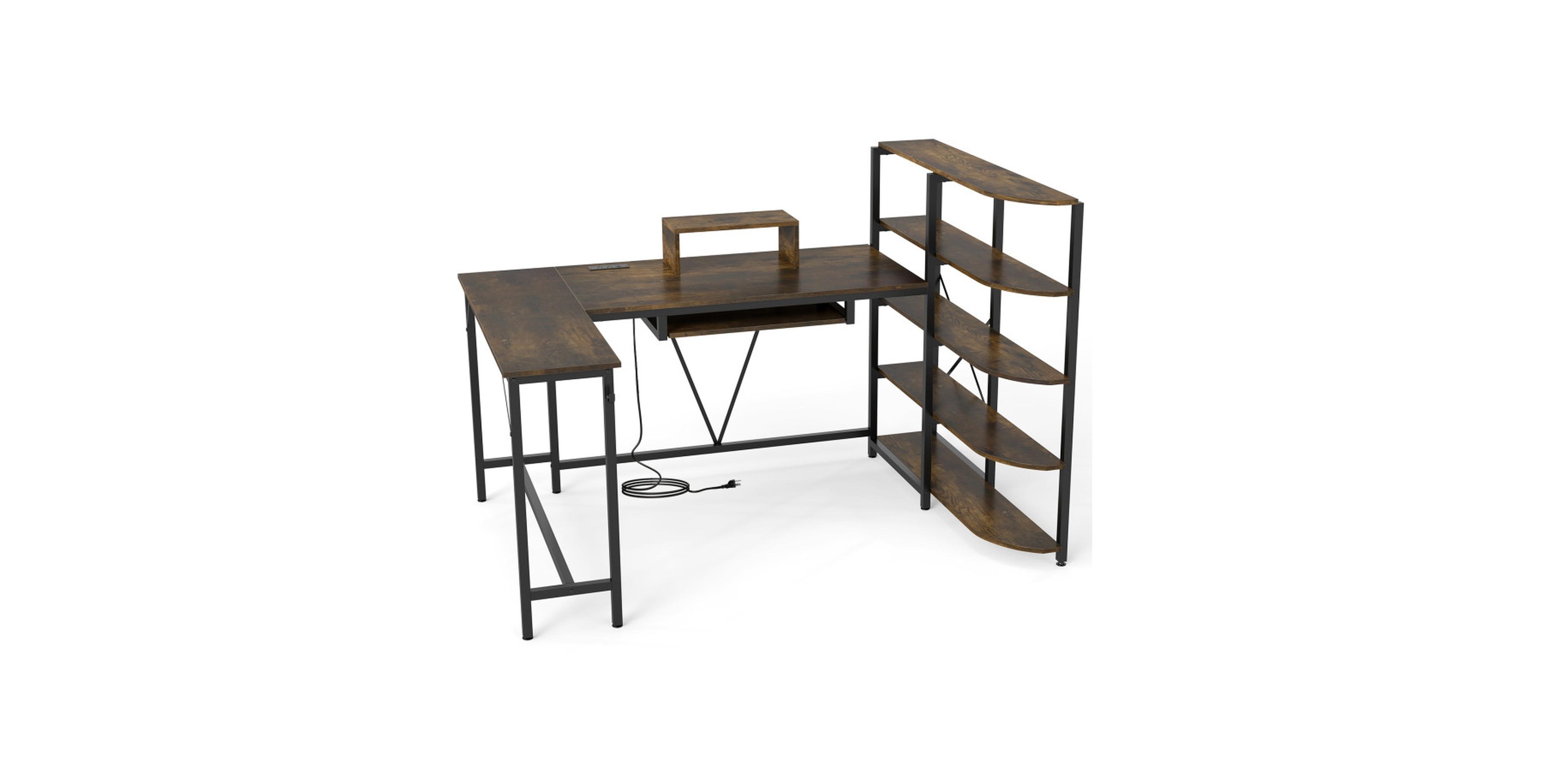 Gouun 63 Inch U-Shaped Computer Desk with Power Outlets and 5-Tier Bookshelf