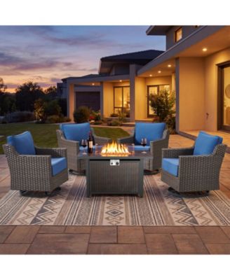 5-Piece Outdoor Swivel Rocking Chair Set with 50,000 BTU Recatngle Fire Pit Table, Wicker Patio Furniture for Poolside, Backyard and Garden