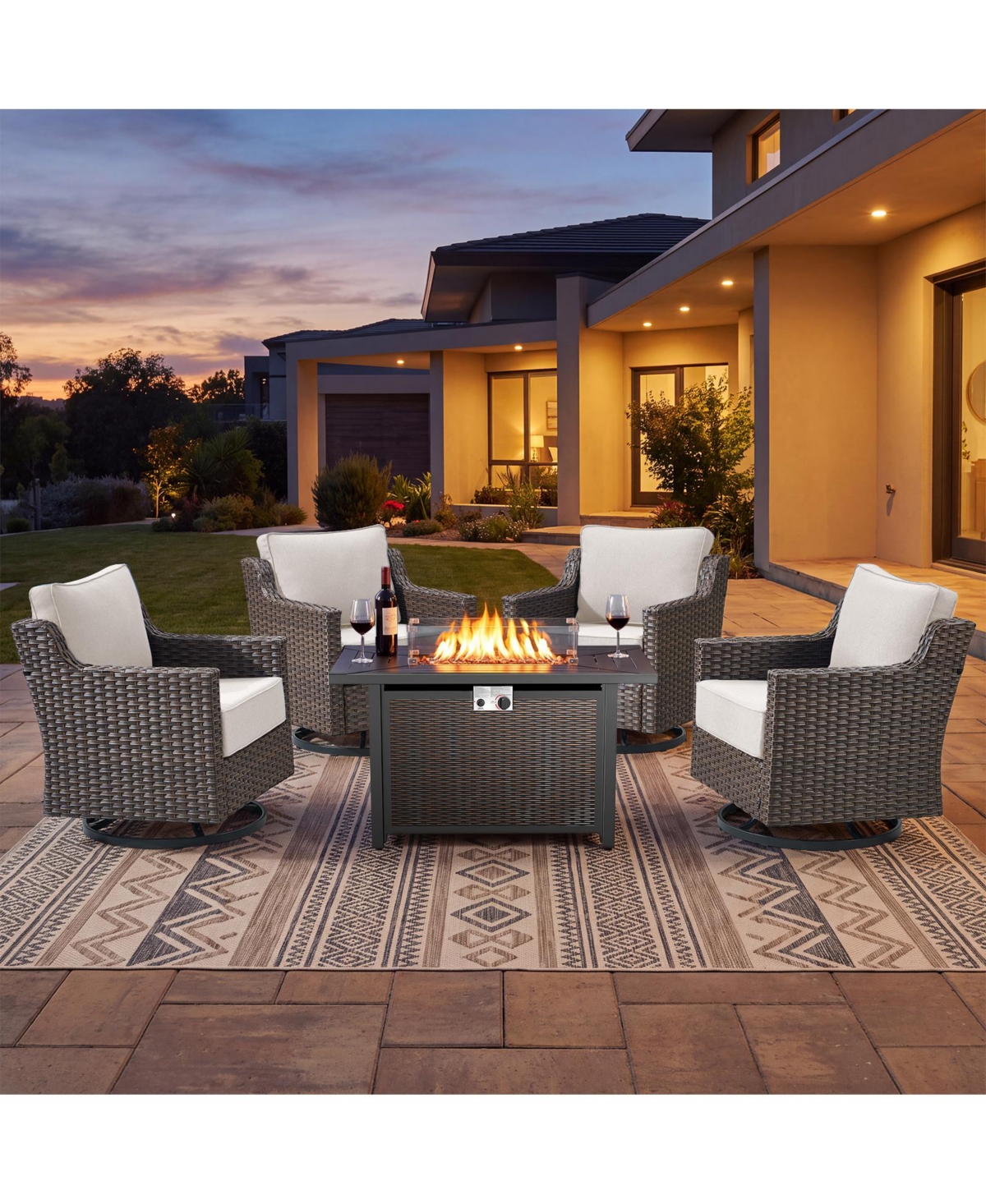 Pocassy 5-Piece Outdoor Swivel Rocking Chair Set with 50,000 Btu Recatngle Fire Pit Table, Wicker Patio Furniture for Poolside, Backyard and Garden