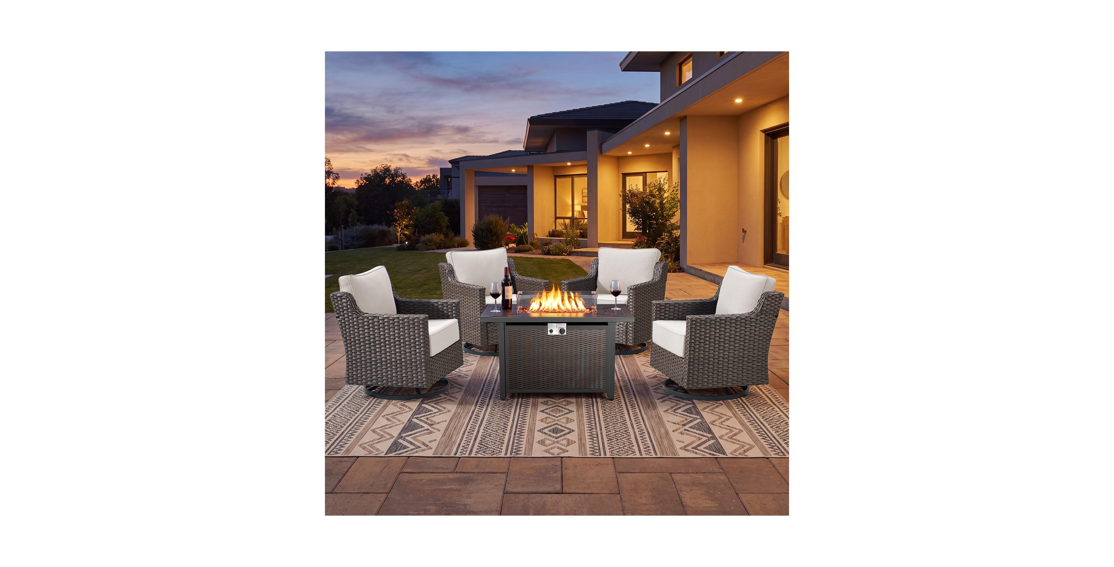 Pocassy 5-Piece Outdoor Swivel Rocking Chair Set with 50,000 Btu Recatngle Fire Pit Table, Wicker Patio Furniture for Poolside, Backyard and Garden
