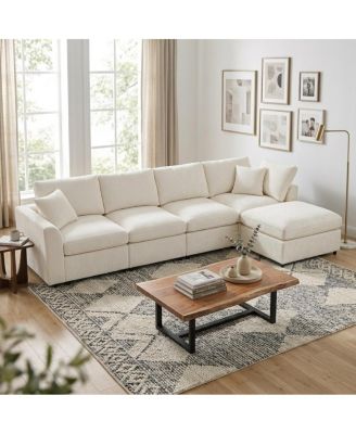 130.3" 4-Seater Chenille Modular Sectional Sofa with Ottoman and Throw Pillow