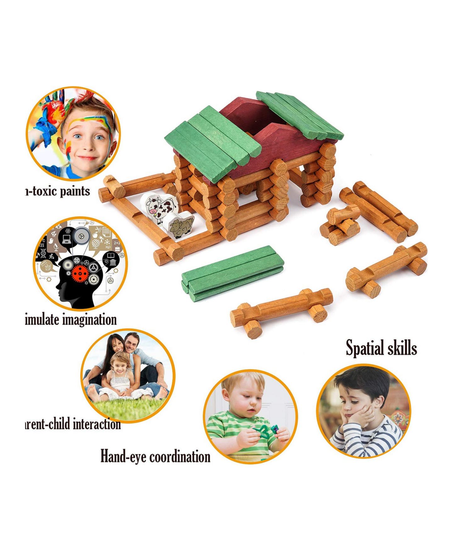 Детский конструктор GNUADZ Wood Logs 170-Piece Building Set, Ages 3+, цвет: Разноцветный — фото 2