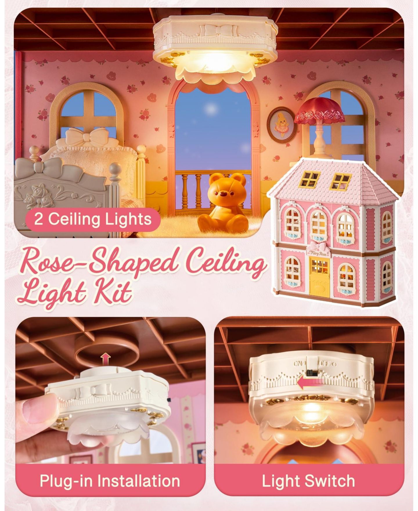 Детские аксессуары для кукол GNUADZ Diy 3-Story Dollhouse with LED Lighting, 14 Furniture Accessories, Ages 3+, цвет: Розовый — фото 5