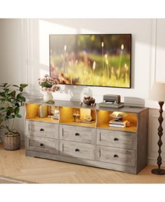 6-Drawer Dresser with Charging Station and LED Lights Slim Wooden Chest for Bedroom Closet Living Room