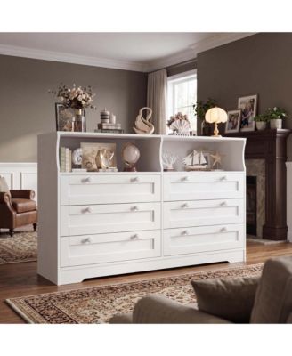 6-Drawer Dresser 55 Inch Wide with RGB LED Lights and Charging Station Antique for Bedroom