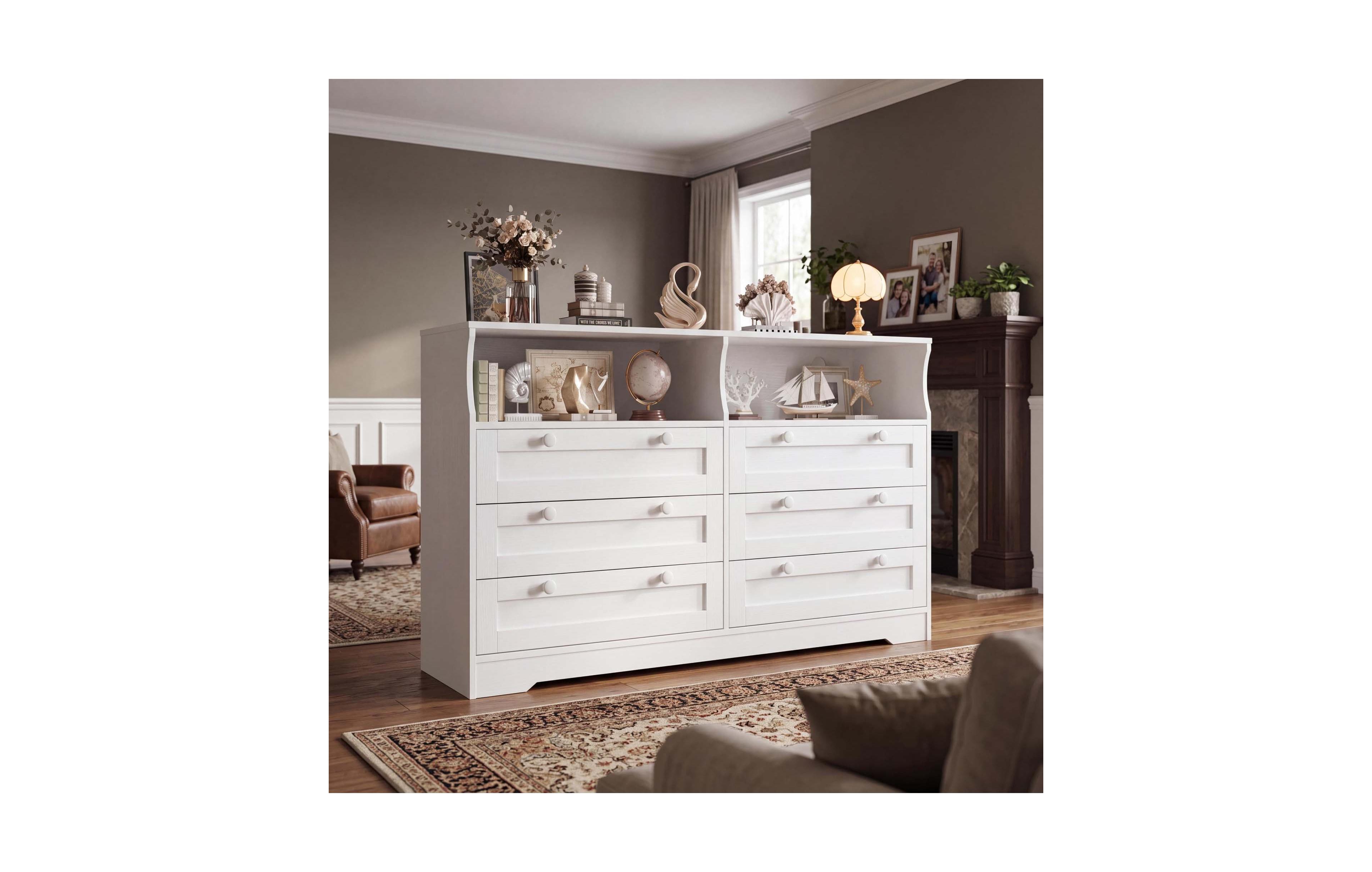 homfan 6-Drawer Dresser 55 Inch Wide with Rgb Led Lights and Charging Station Antique for Bedroom