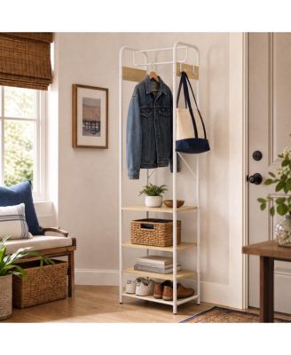 Freestanding Garment Rack With Hooks And 3-Tier Storage Shelves, Metal Frame Clothing Rack For Bedroom and Entryway