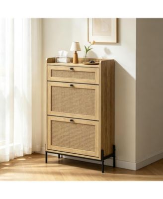 Compact Rattan Shoe Storage Cabinet with Flip Doors and Drawers for Entryway