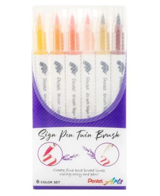 Arts Sign Pen Twin Brush, 6-Pack, Plastic Box (Yellow Ink Hues)