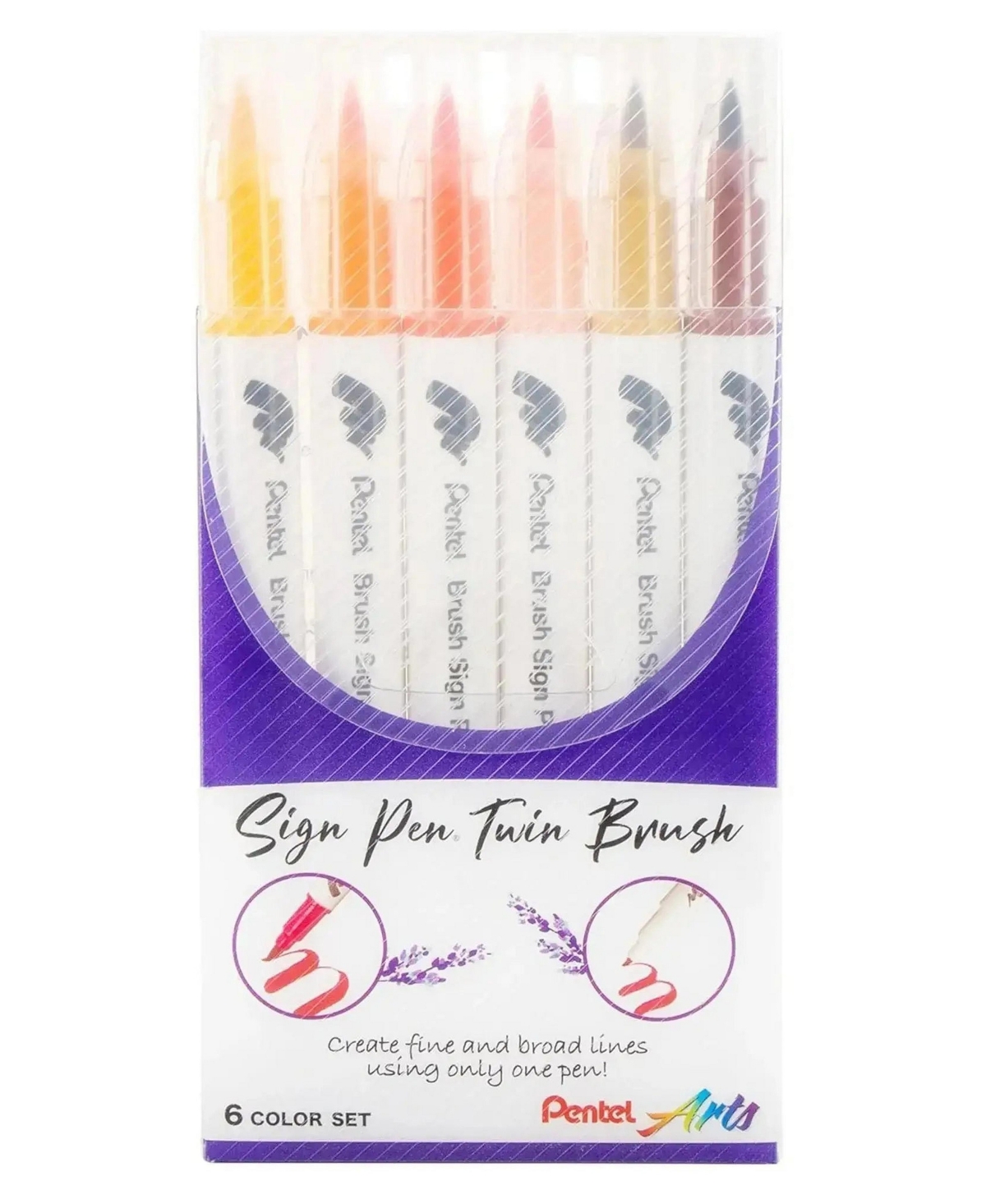 Pentel Arts Sign Pen Twin Brush, 6-Pack, Plastic Box (Yellow Ink Hues)