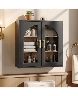 Modern Wall Mounted Bathroom Cabinet with Arched Glass Doors Adjustable Shelves