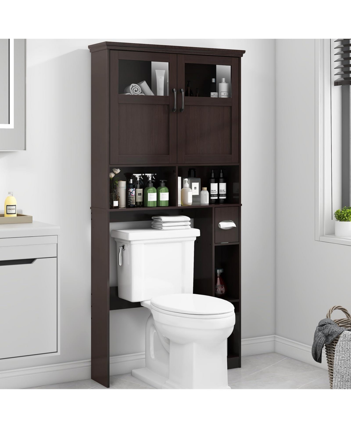 Vabches Over The Toilet Storage Cabinet with Doors and Paper Holder