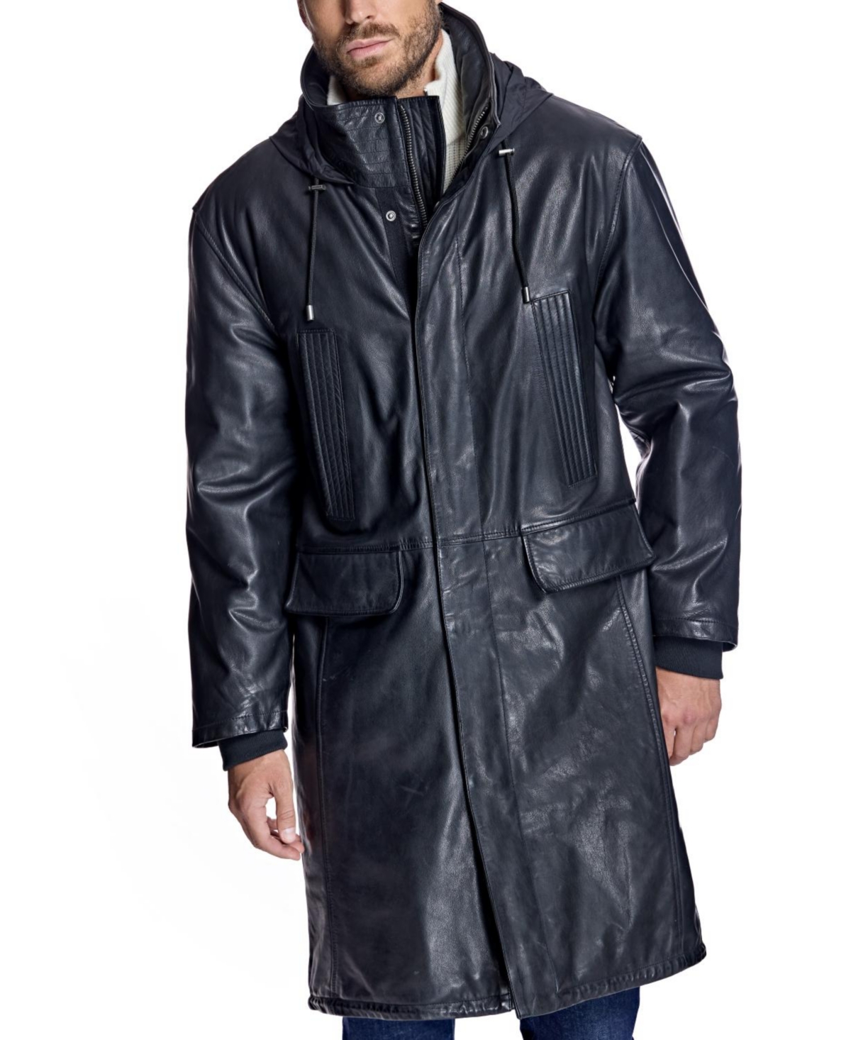 Julia & Stella By Maximilian Men's Leather Hooded Long Coat - Black