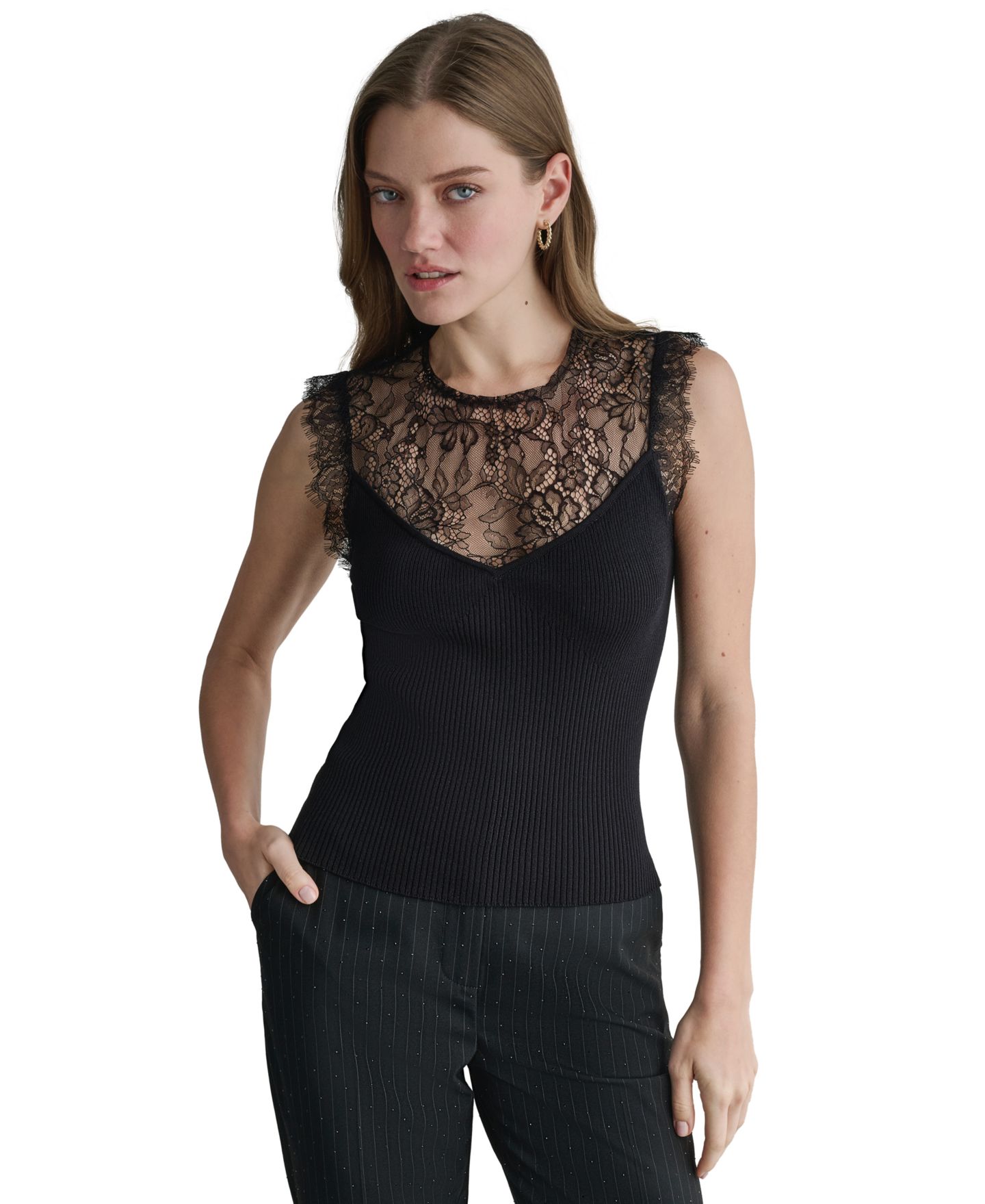 Женский топ BCBG Sleeveless Floral Lace, цвет: Чёрный — фото 8