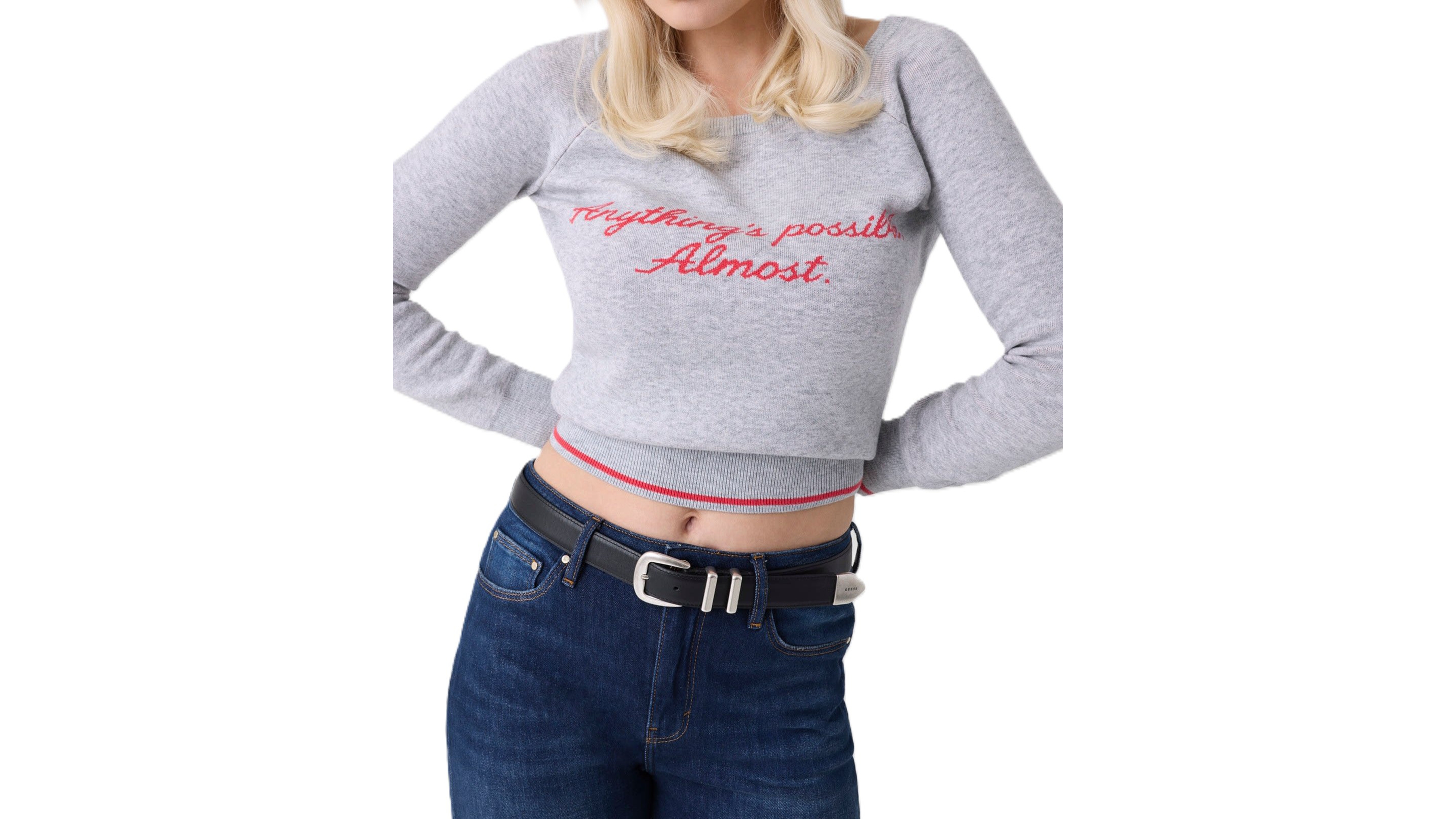 Guess Women's Marilyn Quote Cropped Boat Neck Long-Sleeve Sweater