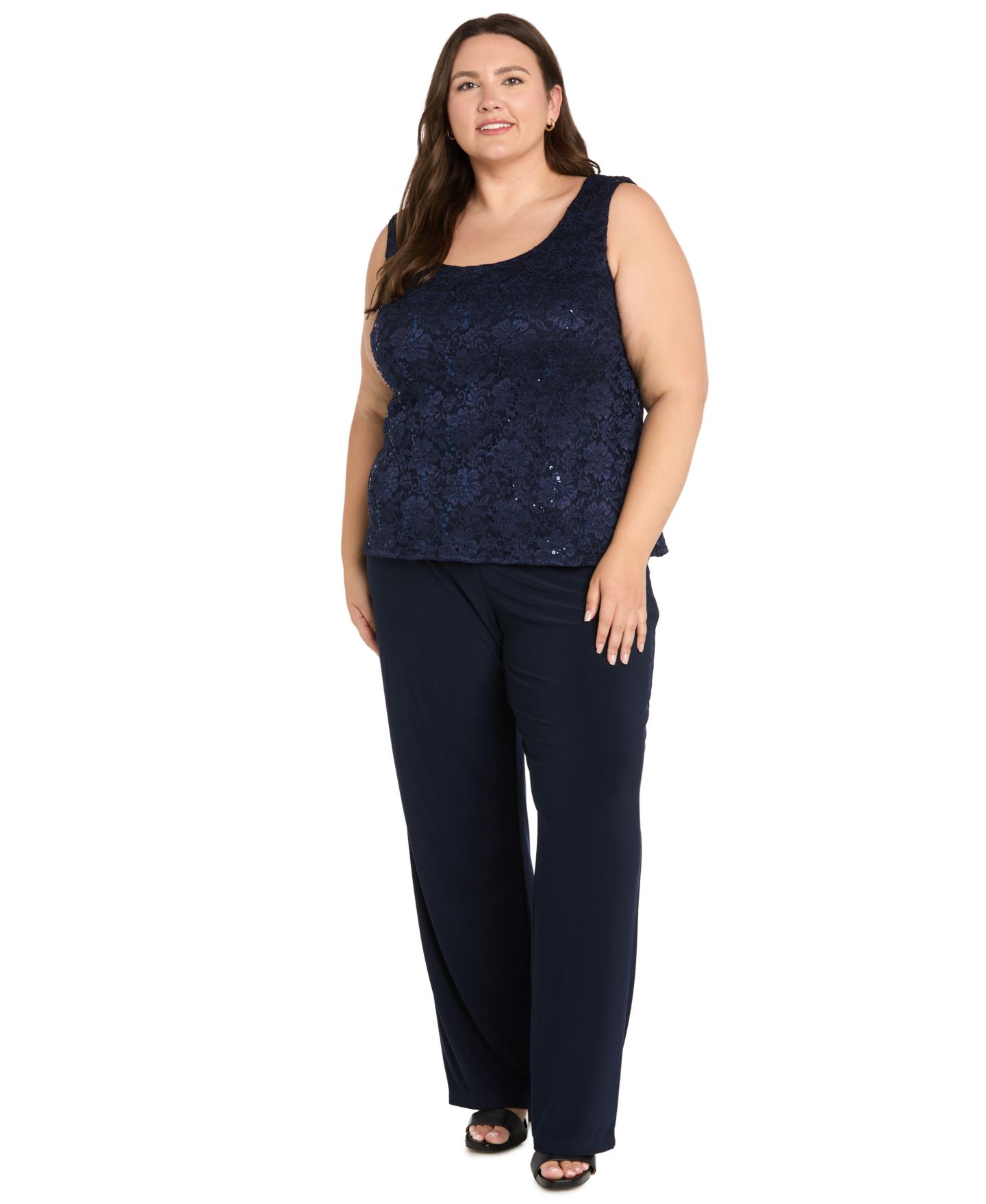 R & M Richards Plus Size Sequin Lace Wide-Leg Jacket, Tank, and Pants, 3-Piece Set, цвет: Тёмно-синий — фото 2