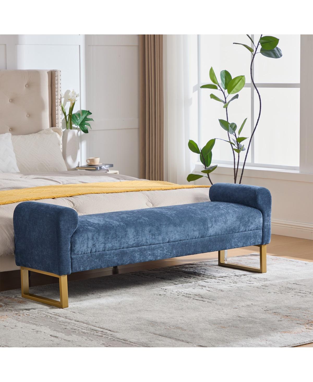 Maison Boucle Upholstered Ottoman Bench with Arms, End of Bed Chenille for King Bed, Metal Legs