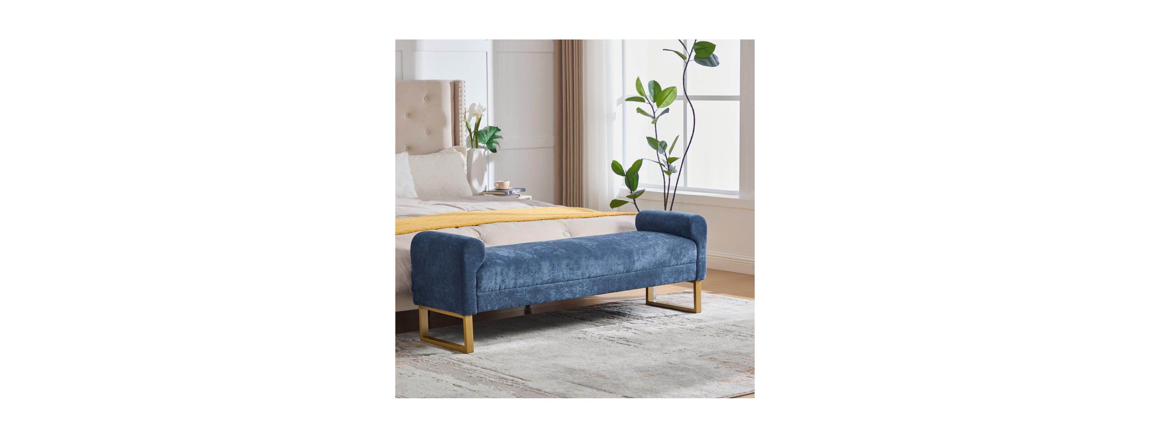 Maison Boucle Upholstered Ottoman Bench with Arms, End of Bed Chenille for King Bed, Metal Legs