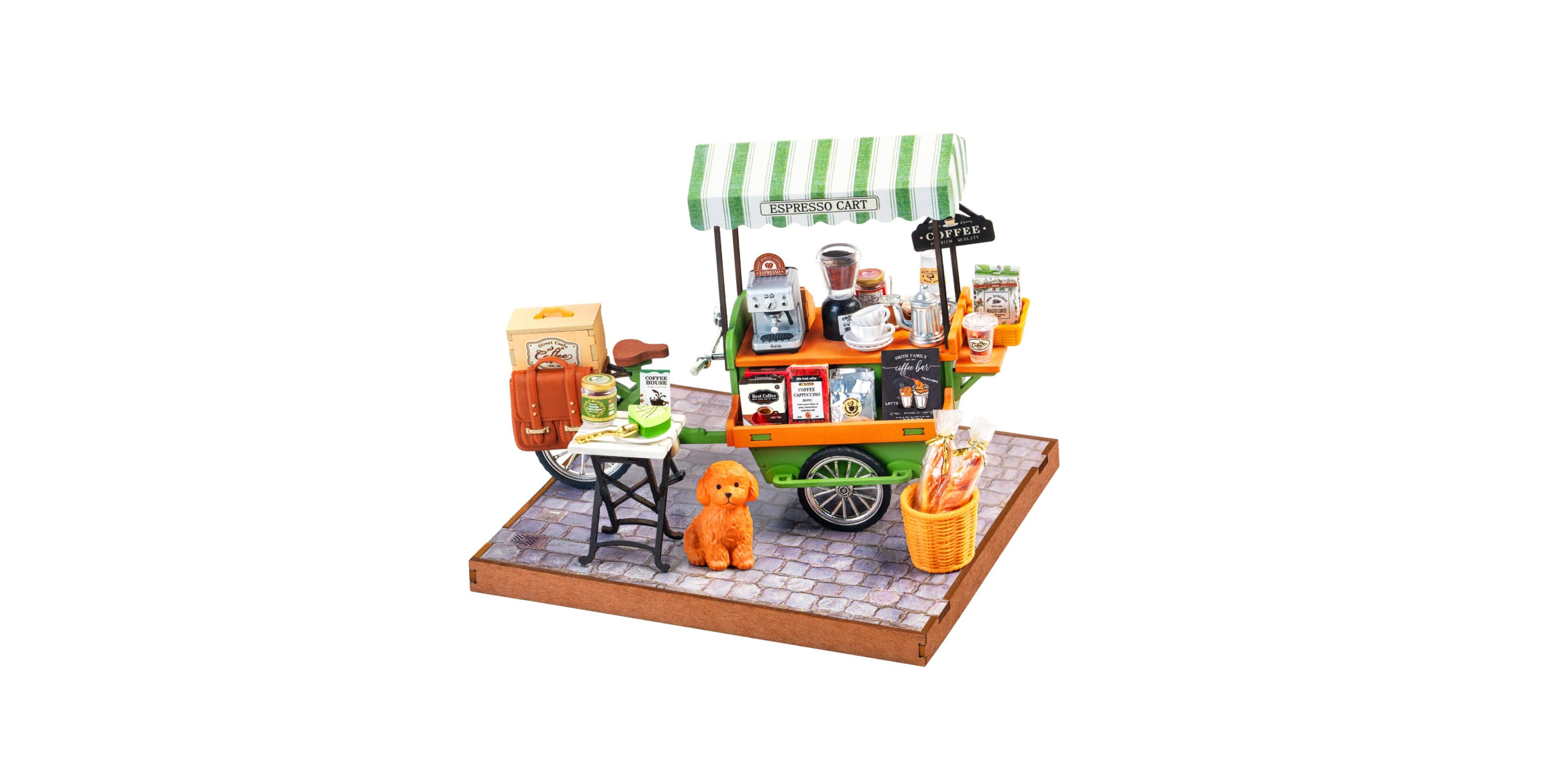 Robotime Vintage Coffee Cart Aromatic 162-Piece 3D Wooden Puzzle Building Set, Ages 14 & Up