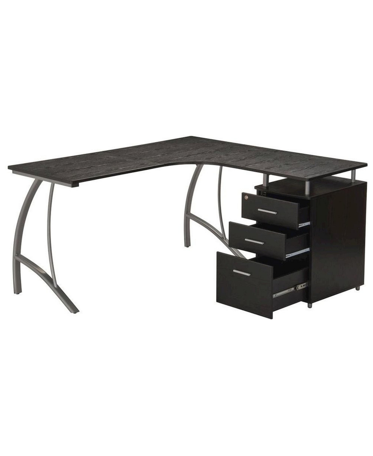 FurniFact L Shaped Desk With 3 Drawers, Steel Frame Corner Computer Desk - Brown