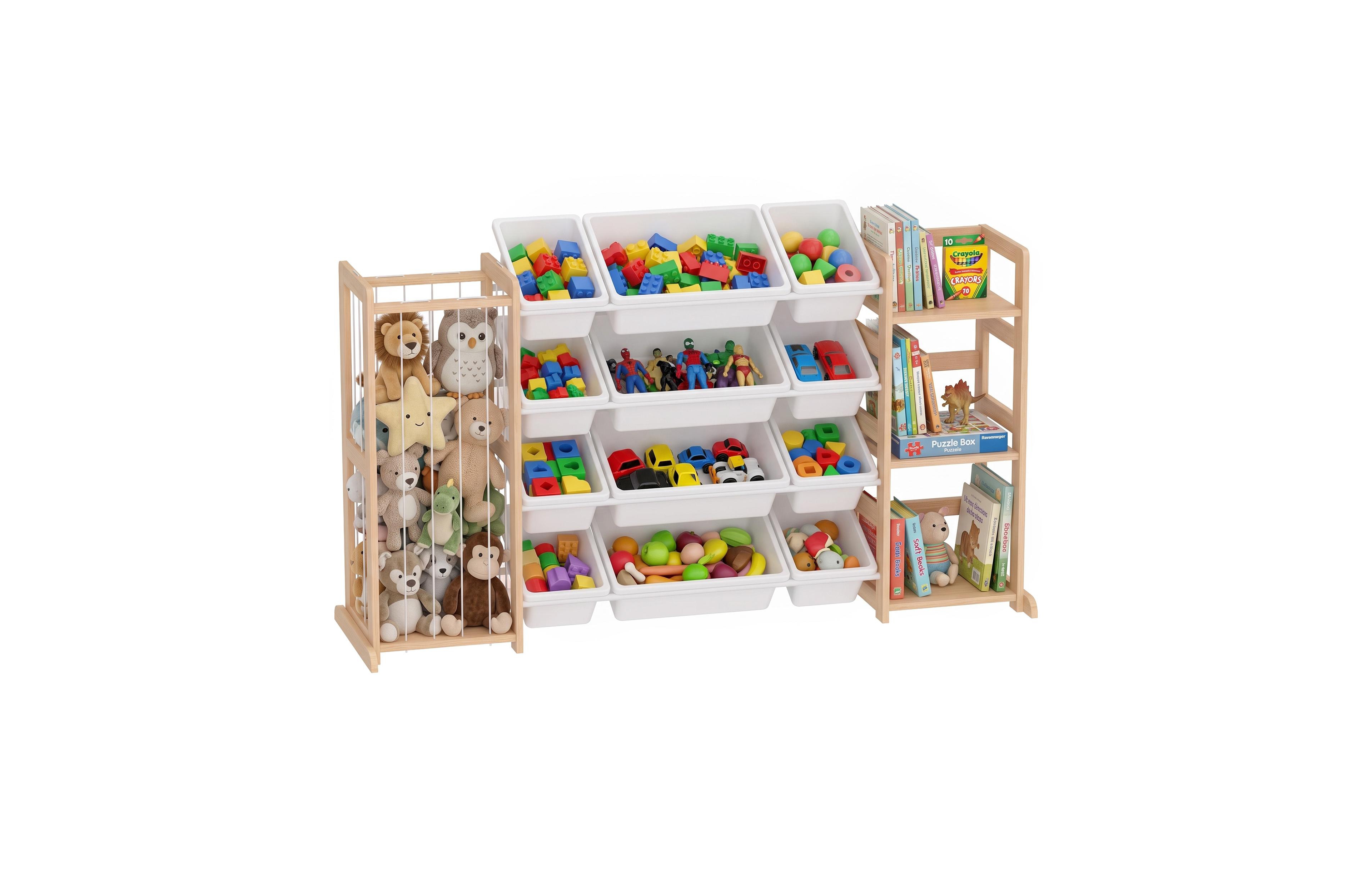 Qaba 3-in-1 Toy Storage Organizer with Stuffed Animal Storage, Bookshelf