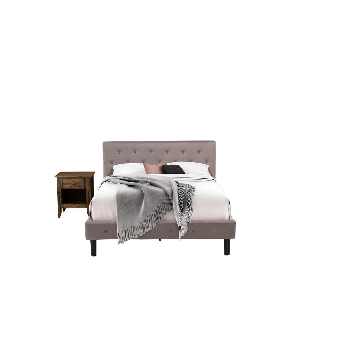 East West Furniture NL14Q-1GA07 2 Pc Bed Set - 1 Bed Brown Taupe Velvet Fabric Headboard and 1 Nightstand - Distressed Jacobean Finish Nightstand