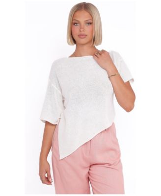 Women's Ardena Boat Neck Boucl&eacute; Asymmetrical Hemline Short-Sleeve Blouse