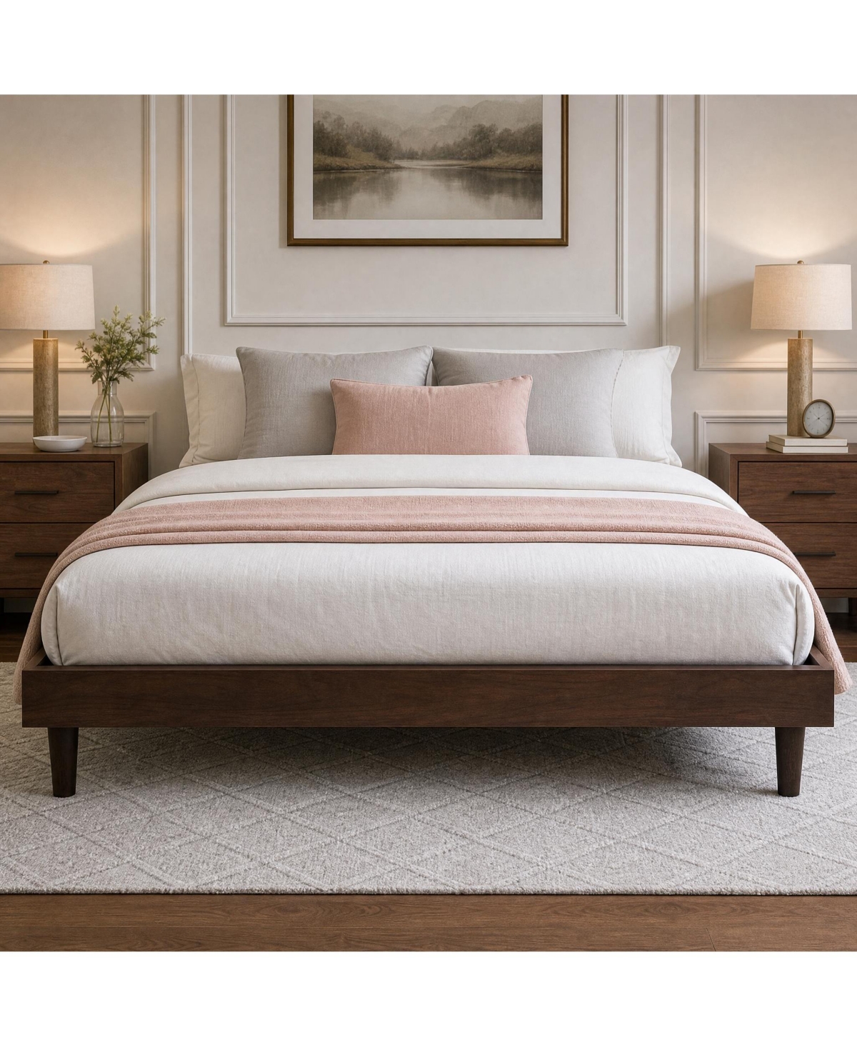 Wood Platform Bed Frame, Mdf & Metal Finish, 7.3" Under-Bed Storage Wooden Slat Support