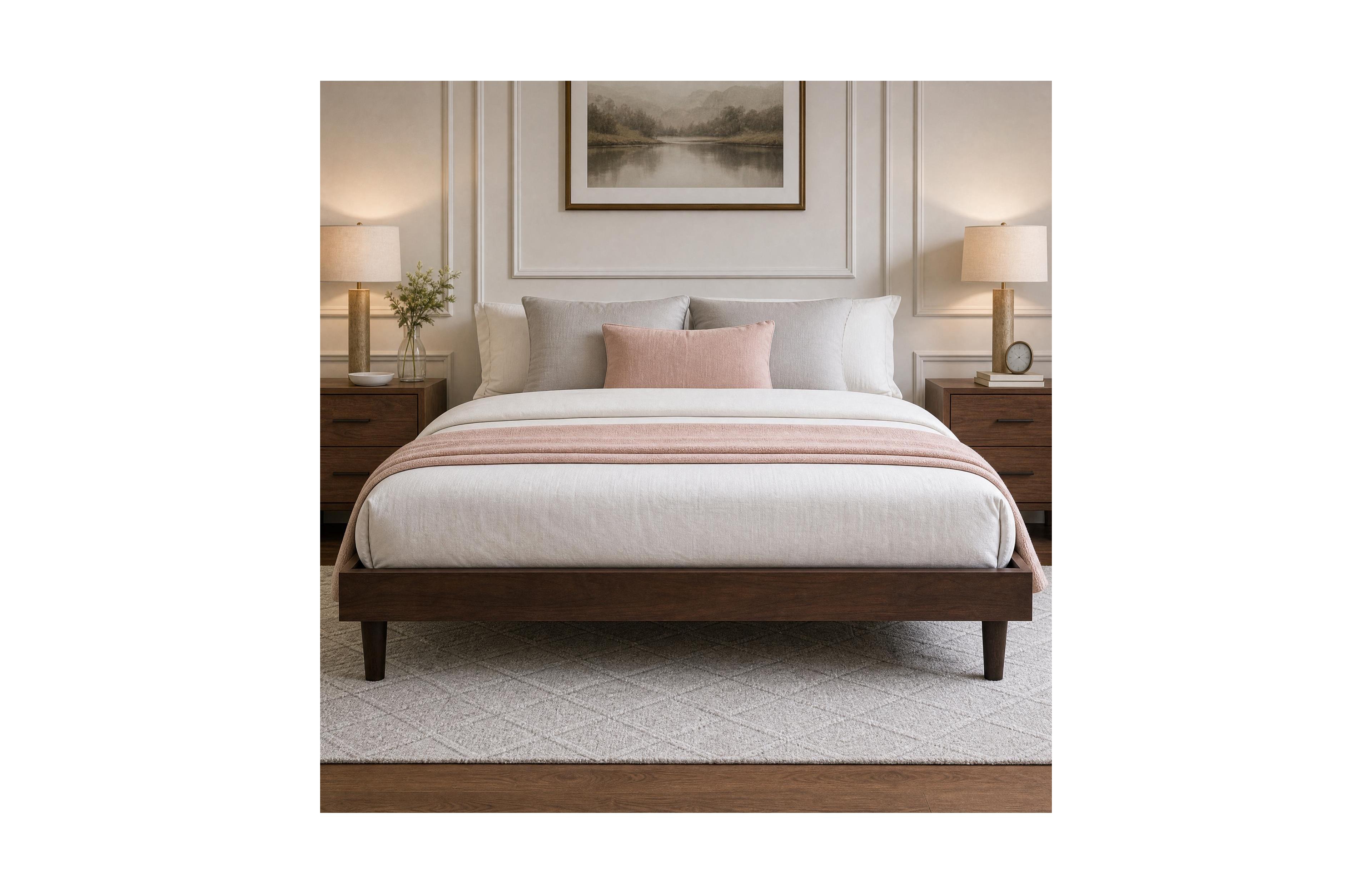 Wood Platform Bed Frame, Mdf & Metal Finish, 7.3" Under-Bed Storage Wooden Slat Support