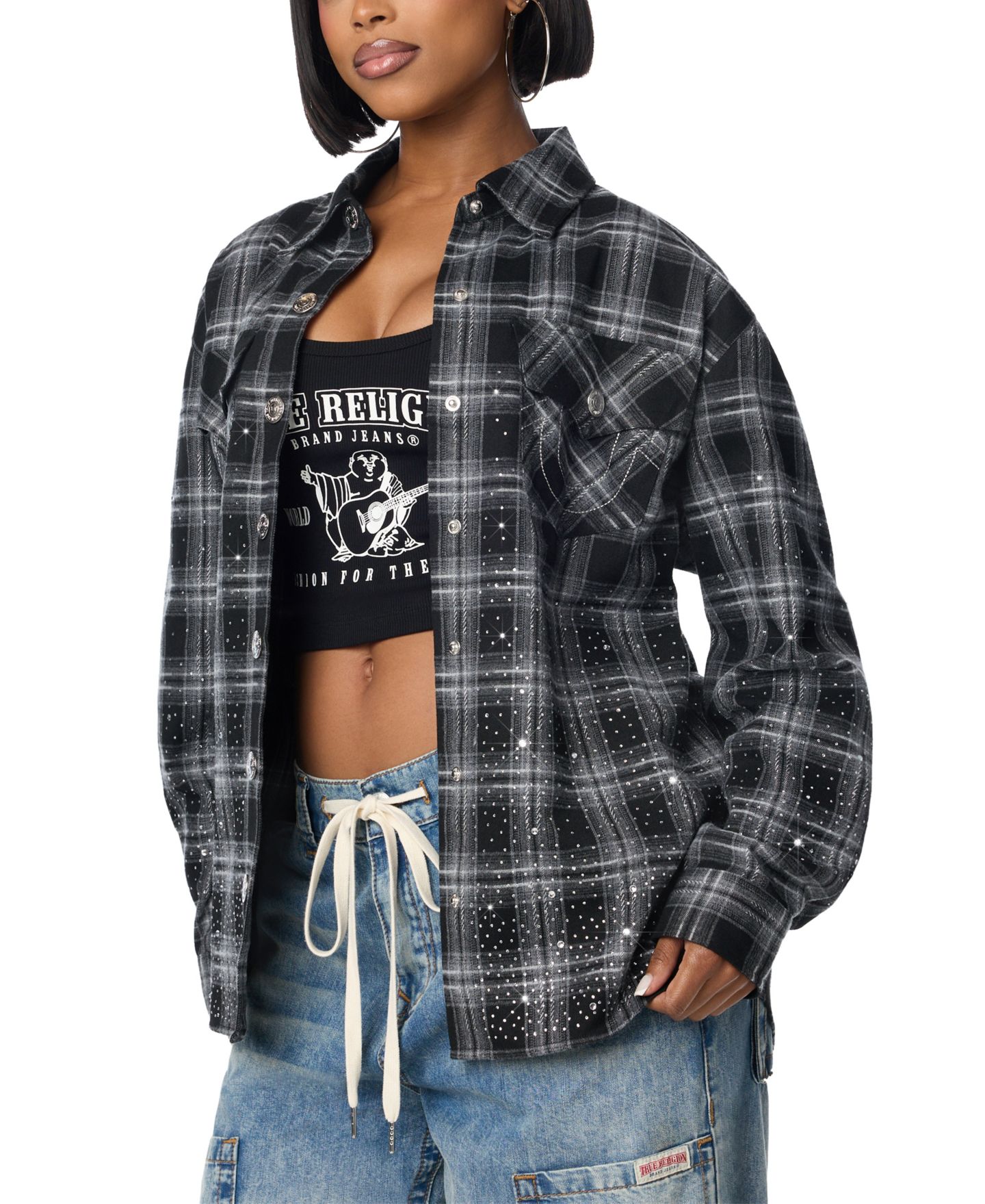 Женская куртка True Religion Plaid Shirt Jacket, цвет: Чёрный / Белый — фото 2
