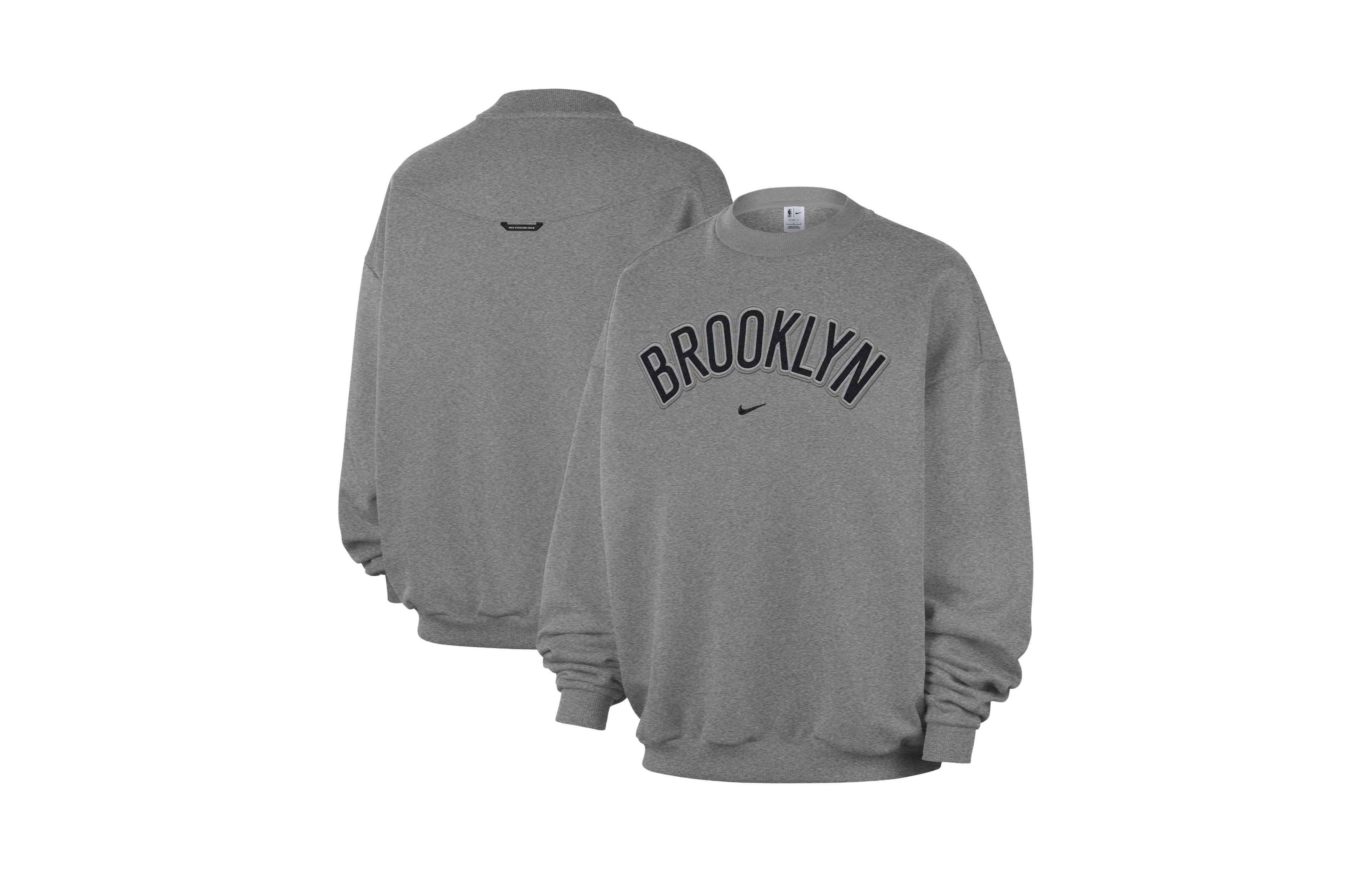 Nike Men's Dark Heather Gray Brooklyn Nets Standard Issue Wordmark Fleece Therma-Fit Sweatshirt