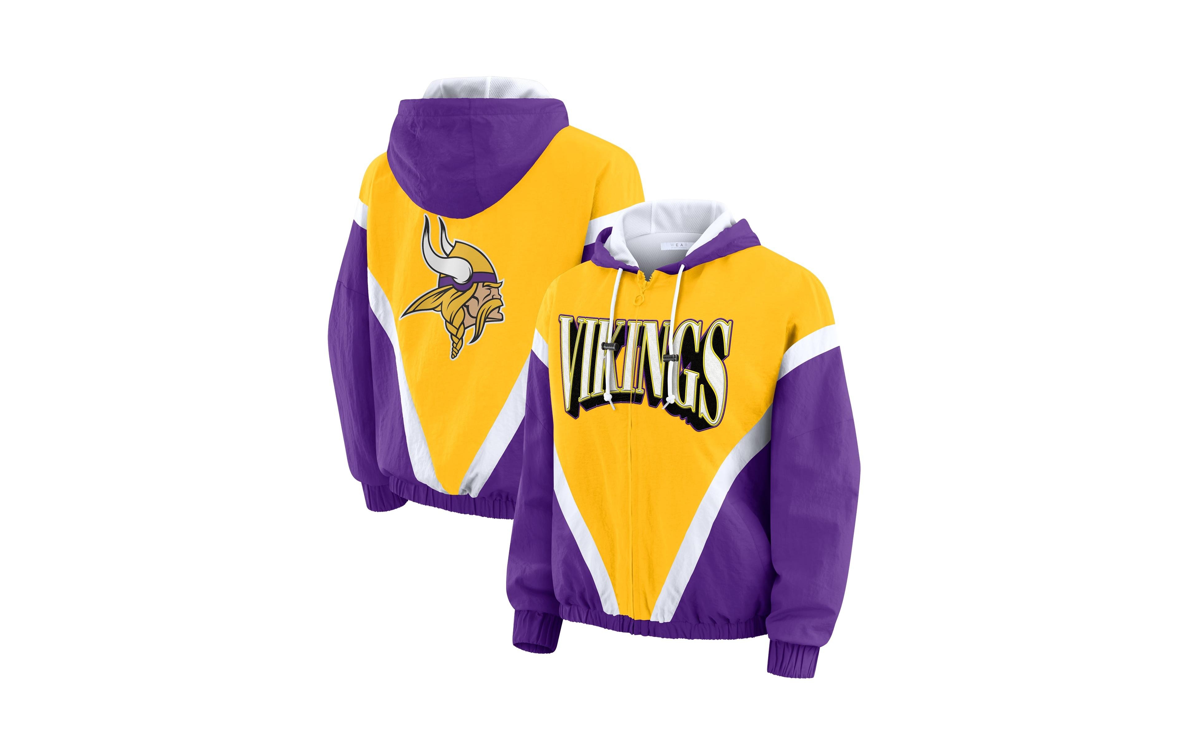Wear by Erin Andrews Women's Gold/Purple Minnesota Vikings Plus Size Retro Crinkle Full-Zip Hoodie Windbreaker Jacket