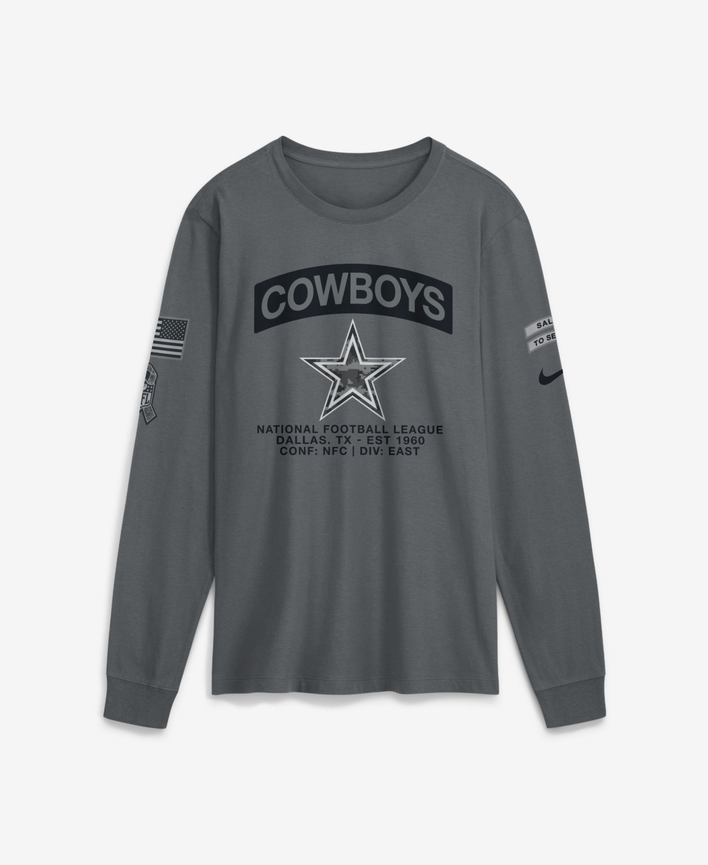 Мужская футболка Nike Gray Dallas Cowboys 2026 Salute to Service Long Sleeve — фото 1
