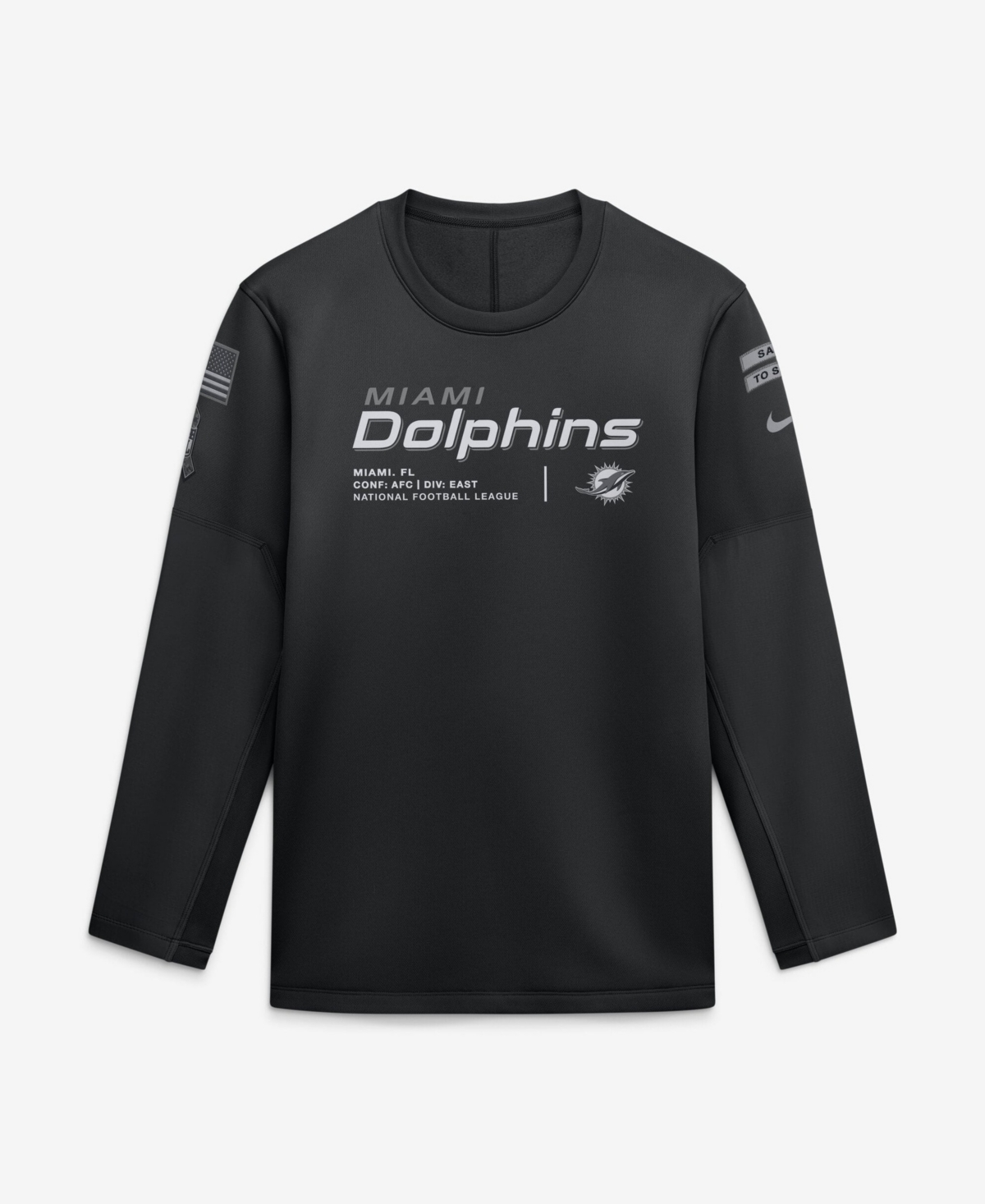 Nike Men's Black Miami Dolphins 2026 Salute to Service Sideline Coaches Crewneck Therma-fit Sweatshirt