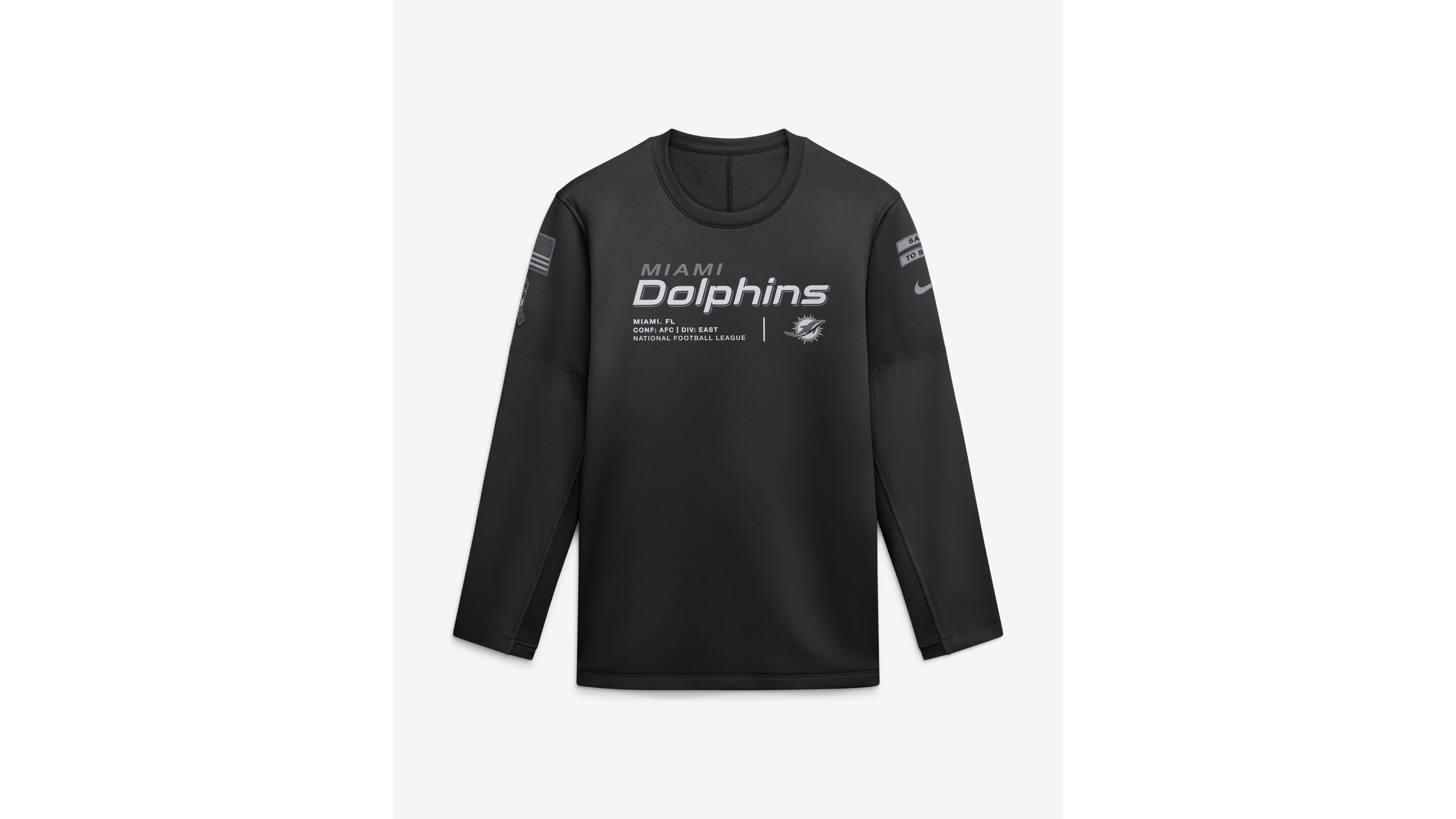 Nike Men's Black Miami Dolphins 2026 Salute to Service Sideline Coaches Crewneck Therma-fit Sweatshirt