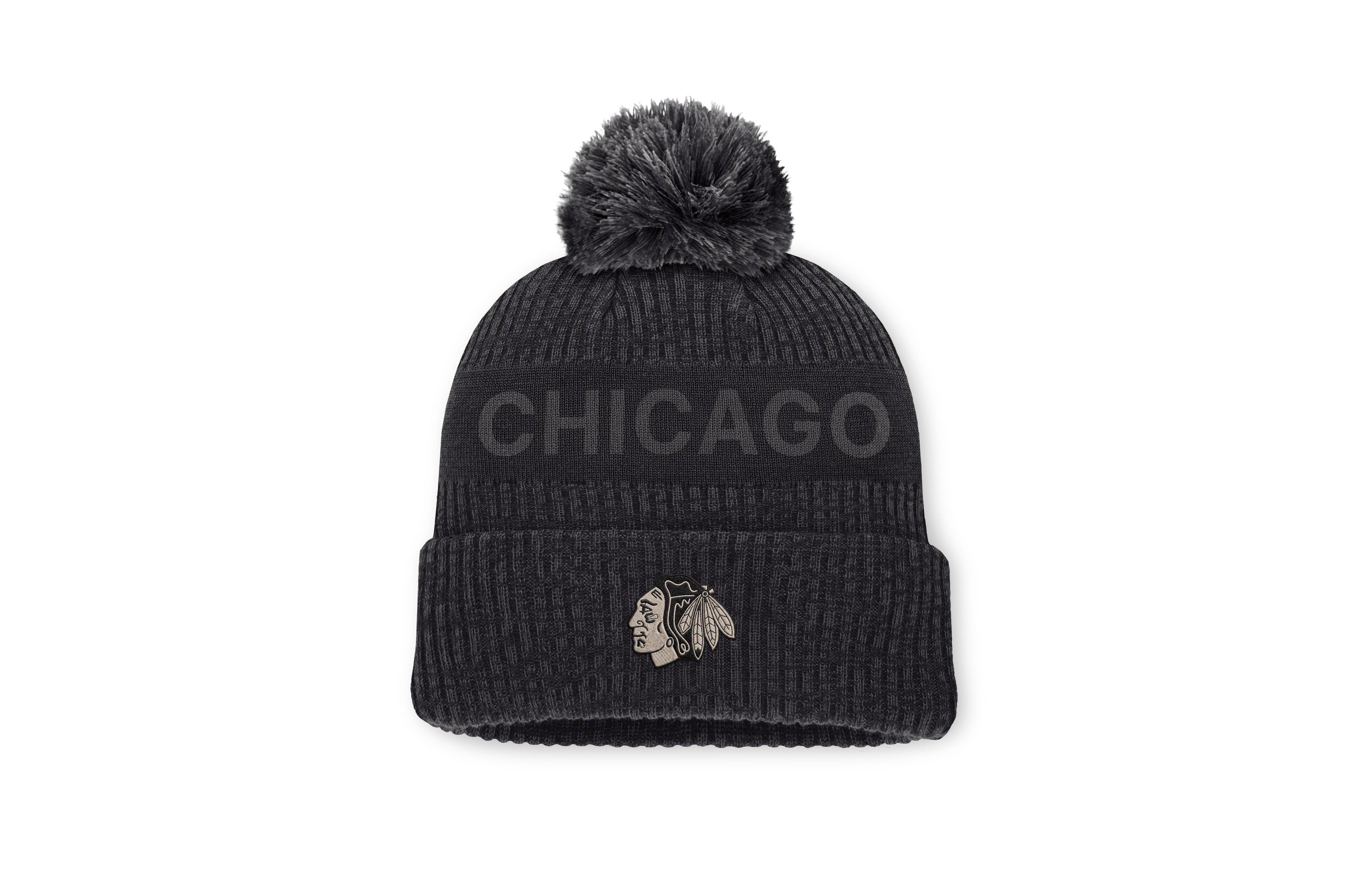 Fanatics Men's Charcoal Chicago Blackhawks Road Phantom Cuffed Knit with Pom Hat