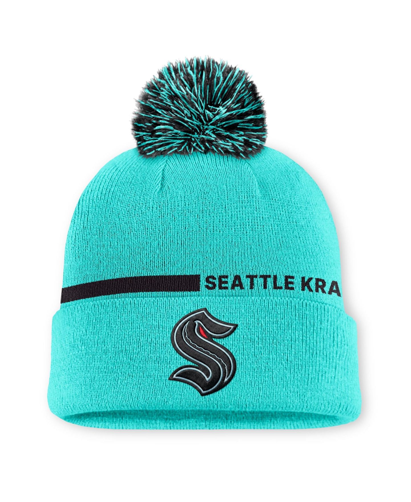 Мужской головной убор Fanatics Light Blue Seattle Kraken Authentic Pro Alternate Cuffed Knit with Pom Hat — фото 1