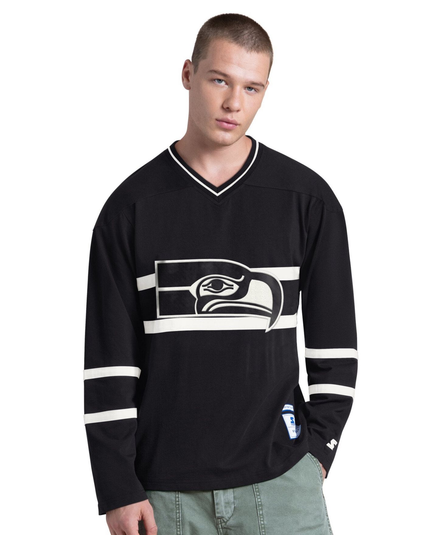 Мужская футболка Starter Black Seattle Seahawks Line Up Retro Logo Long Sleeve V-Neck — фото 1