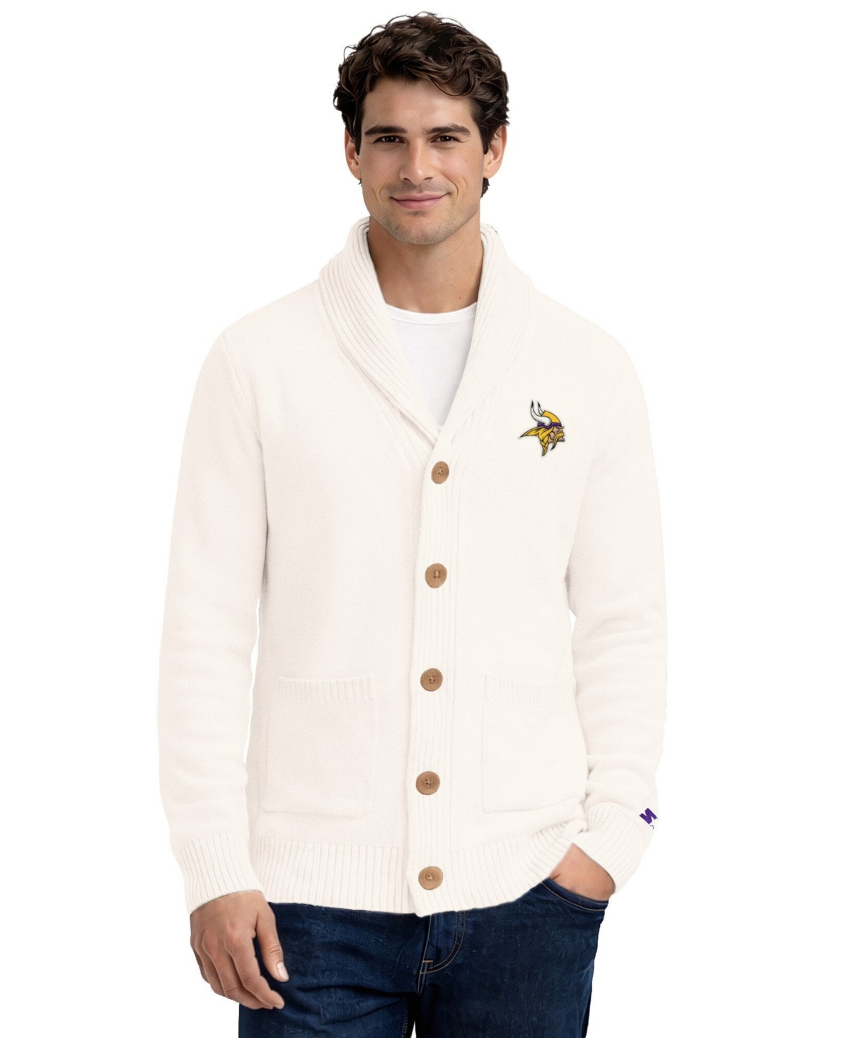 Starter Men's Cream Minnesota Vikings Shawl Collar Heavy Knit Cardigan Sweater