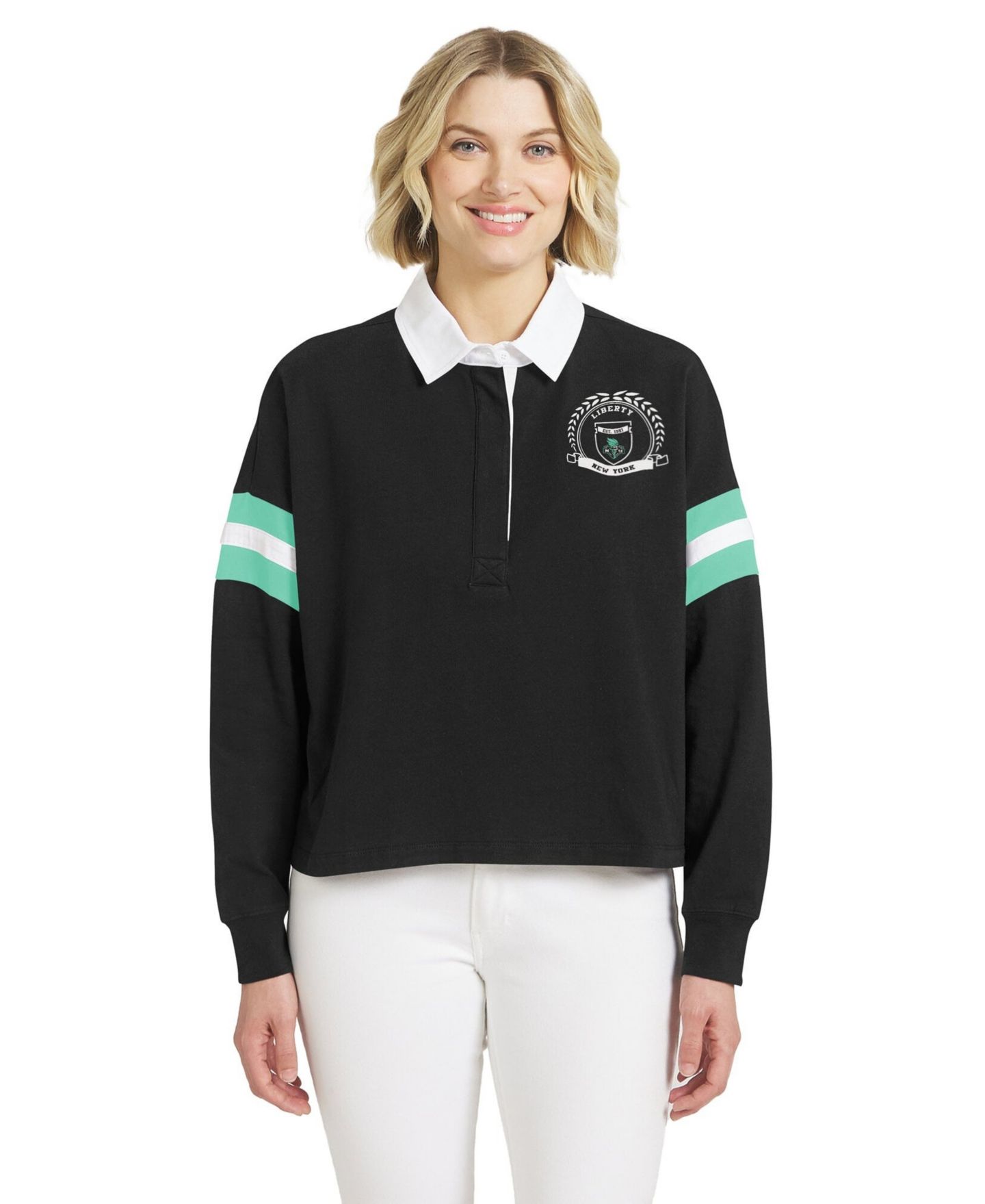 Женская футболка WEAR by Erin Andrews Black New York Liberty Rugby Polo — фото 1