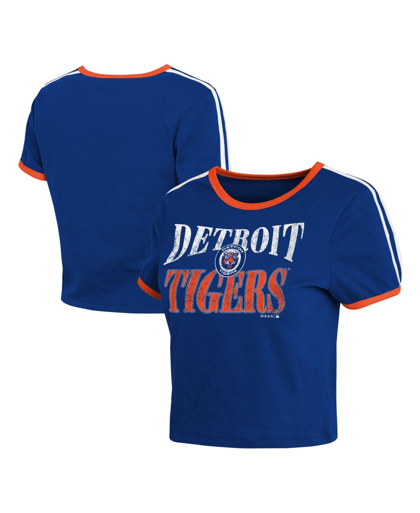 Женская футболка WEAR by Erin Andrews Navy Detroit Tigers Cropped Throwback Ringer Baby T-Shirt — фото 1